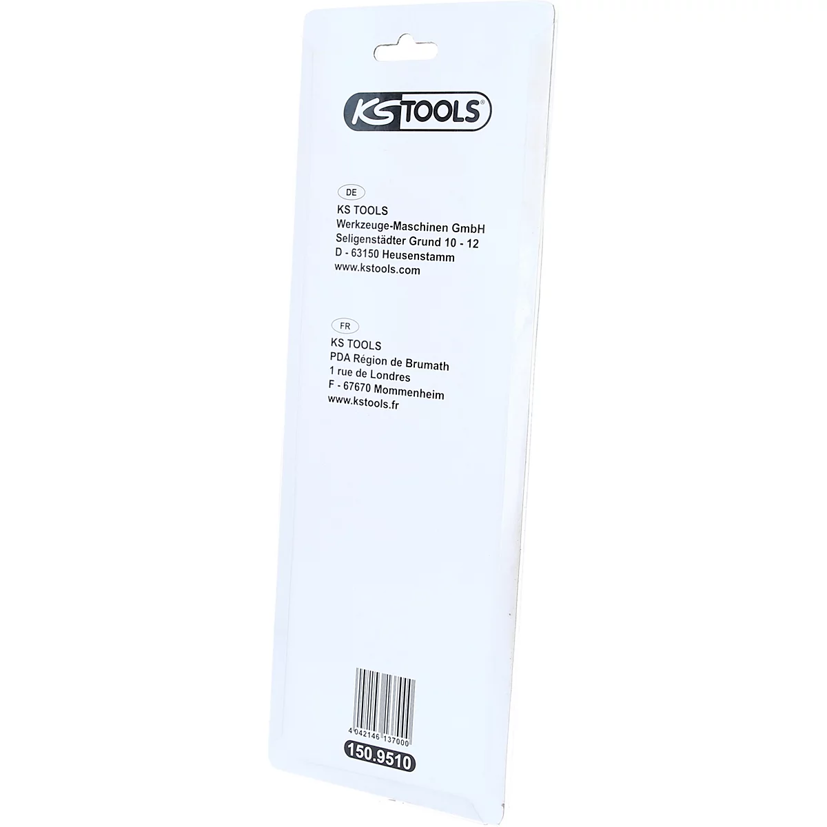 Nahaufnahme einer KS TOOLS-Verpackung mit Firmenlogo, Adresse und Barcode. Text auf der Verpackung.